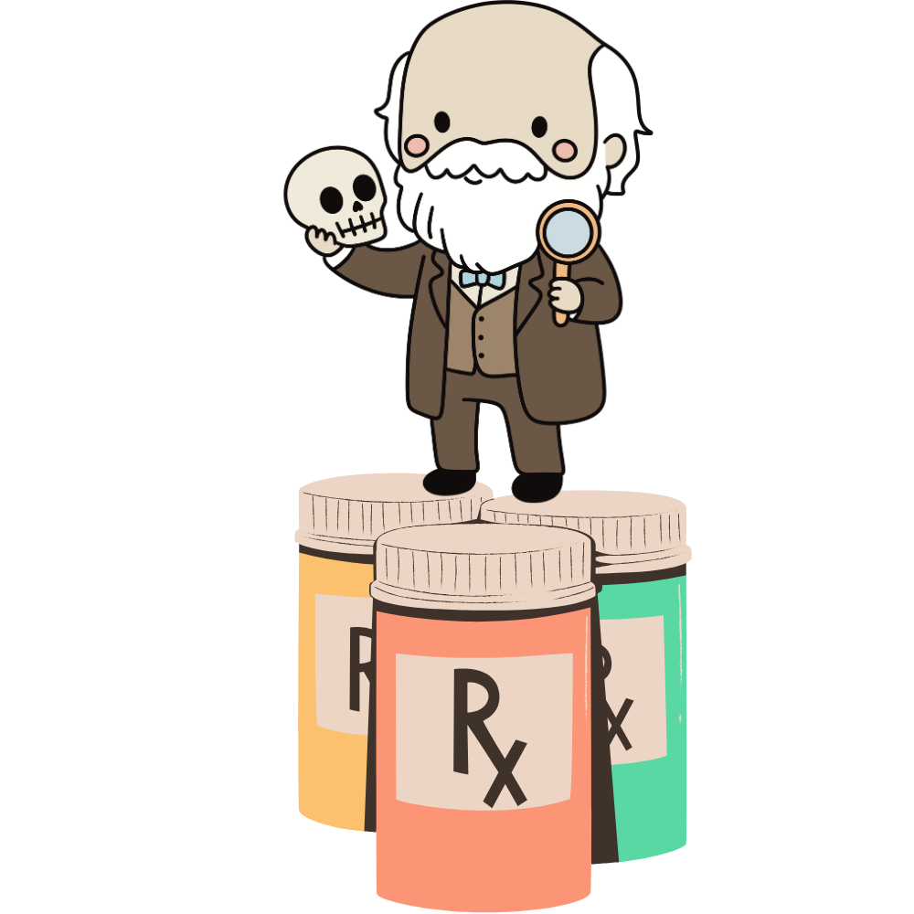 Charles Darwin standing on pill bottles